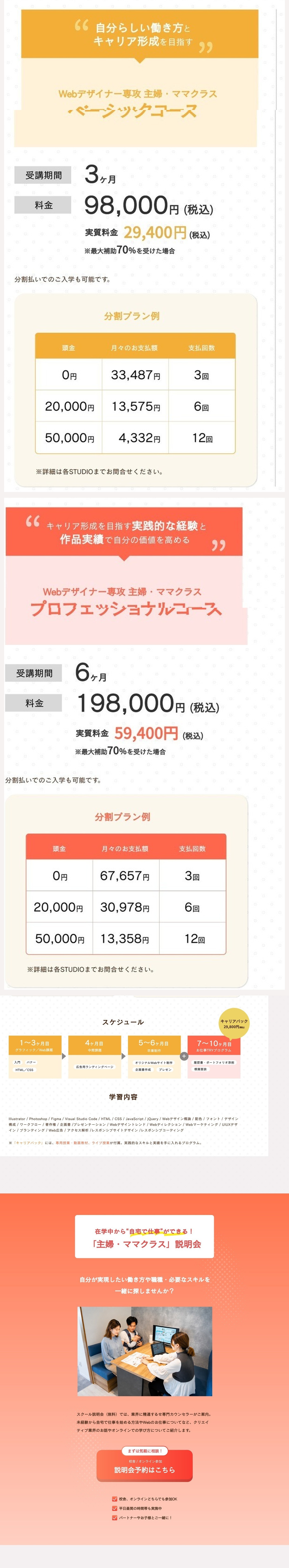 ベーシックコースとプロフェッショナルコースの料金・分割プラン・スケジュール